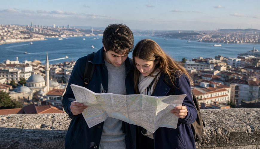 Students comparing Istanbul districts using a city map
