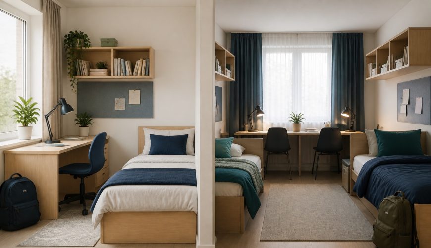 Illustrative comparison of single and shared student room layouts